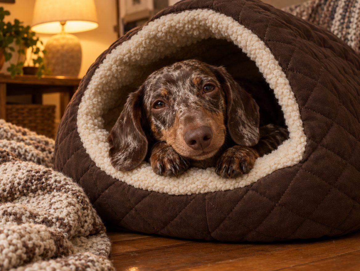 A dapple dachshund peeking out of a cave bed