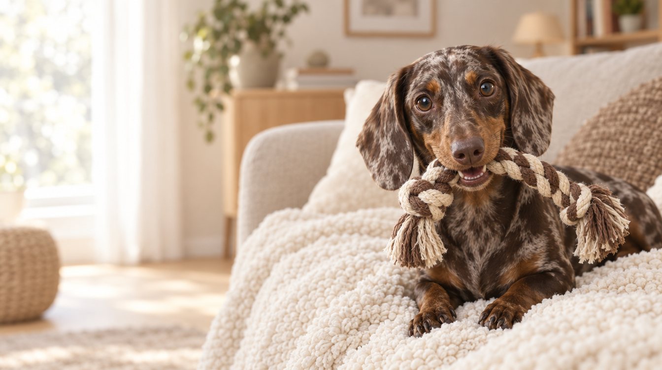 A dapple dachshund on a sherpa blanket with a rope toy