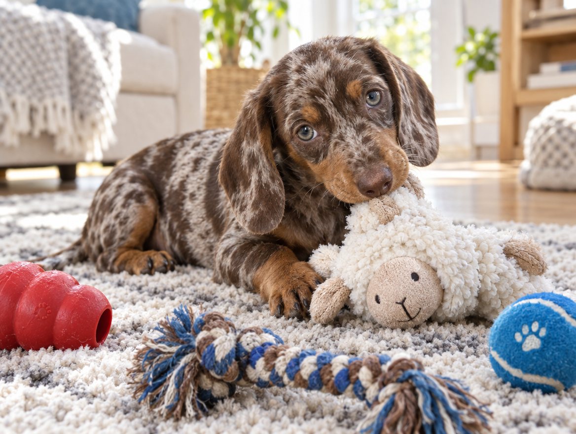 A dapple dachshund puppy playing with toys