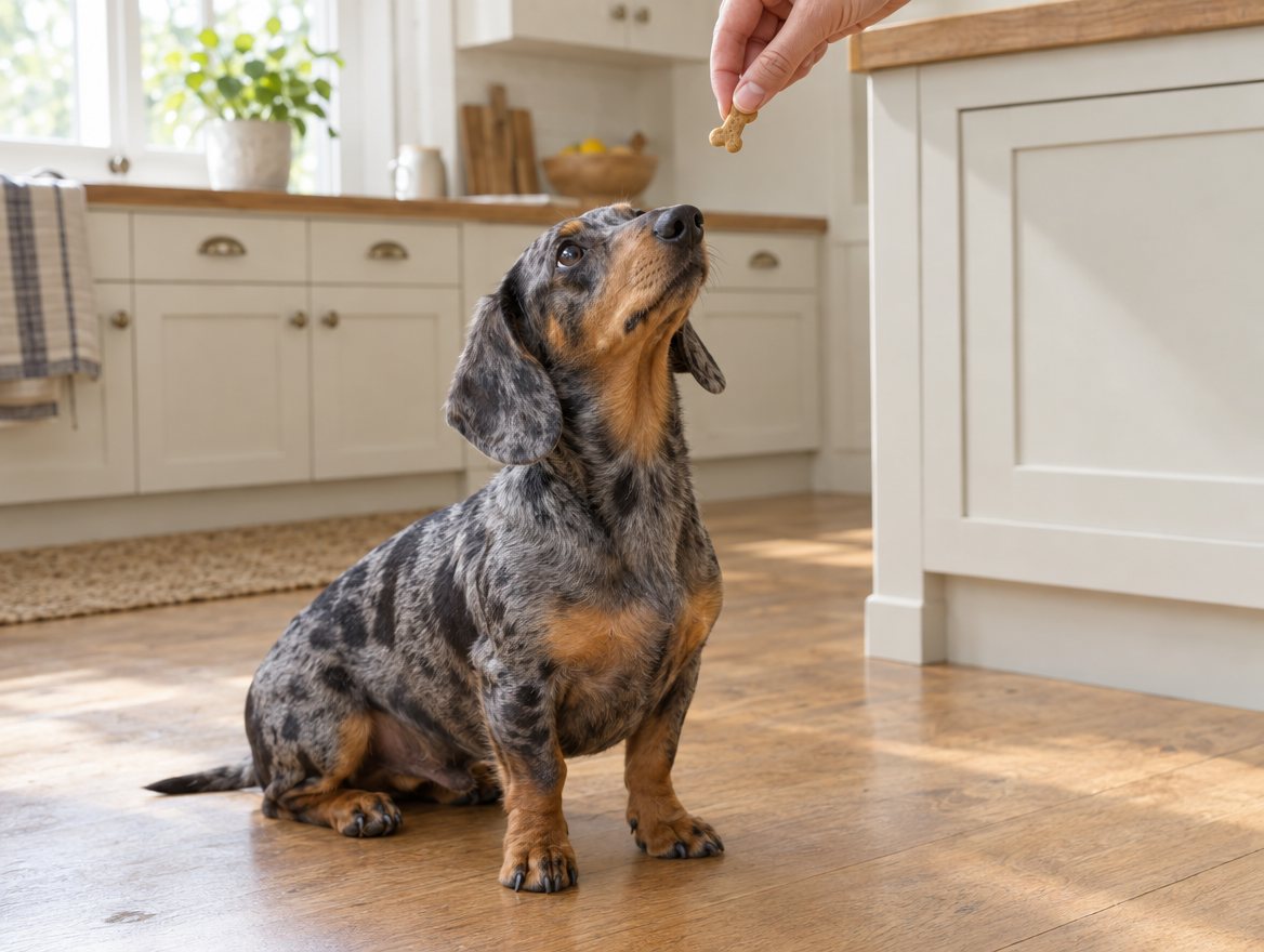 A dapple dachshund sitting politely for a treat