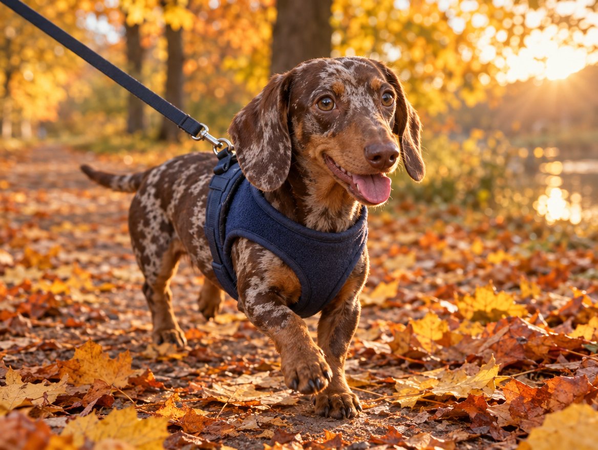 A dapple dachshund walking through autumn leaves in a harness
